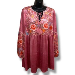 XL Ursime Mauve Pink Velour Tunic Blouse Top Floral Boho Bohemian Colorful